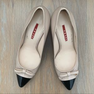 Prada Two Tone Tan and Black Patent Leather Pumps